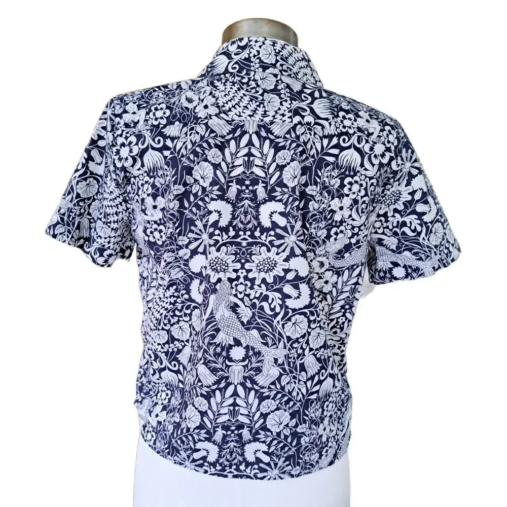 J CREW Gamine Button Down Short Sleeve Shirt Mermaid Floral  4 Navy Relaxed Fit